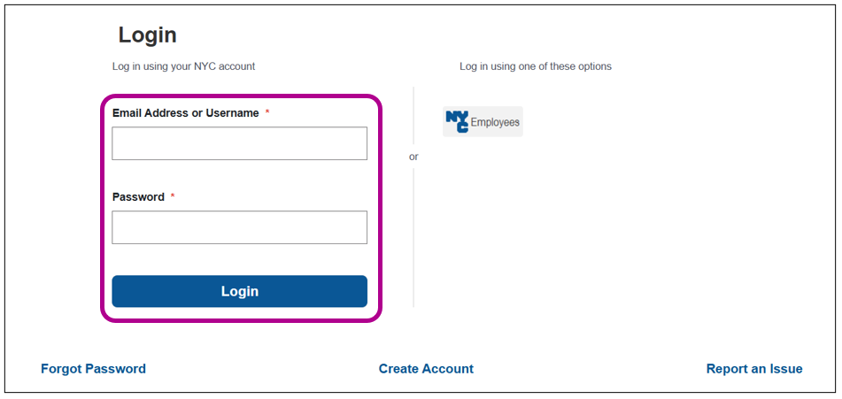 Screenshot of page to login using NYC.ID email address and password.