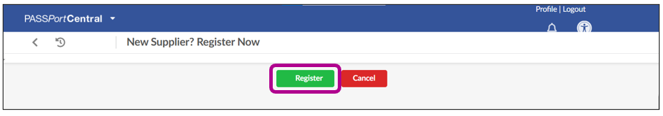 Screenshot of the Register button at the top of the PASSPort Account Request page.