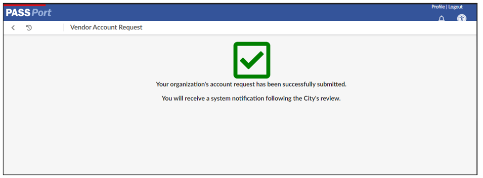 Screenshot of the account request submission confirmation message.