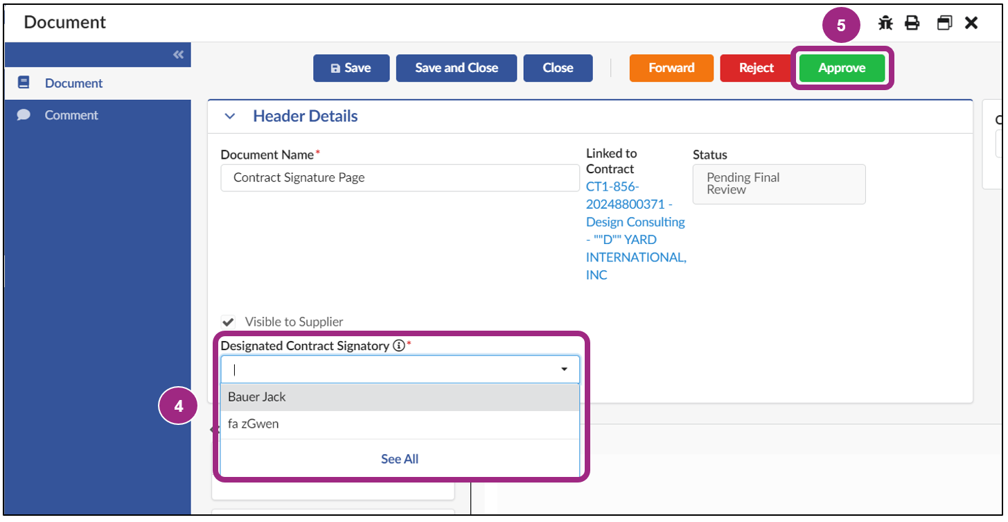 Screenshot of the Designated Contract Signatory field on the authoring Document screen. 