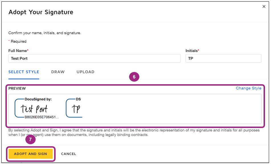 Screenshot of the Adopt Your Signature pop-up window. The Full Name and Initials fields are pre-populated. 