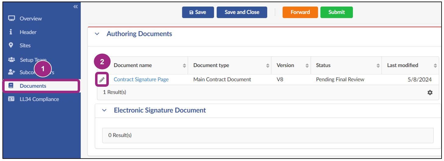 Screenshot of the Authoring Documents section within the Contract's Documents tab. A document is listed in Pending Final Review status. 