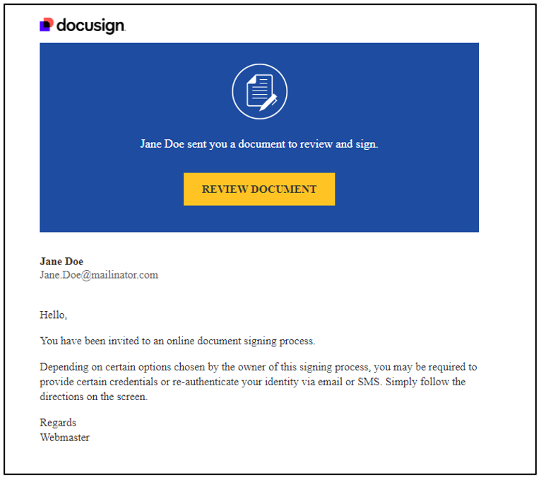 Screenshot of the DocuSign email notification. The message reads: Jane Doe sent you a document to review and sign. 