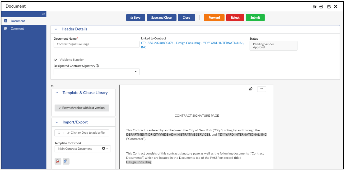 Screenshot of the Contract Signature Page. The page is editable.