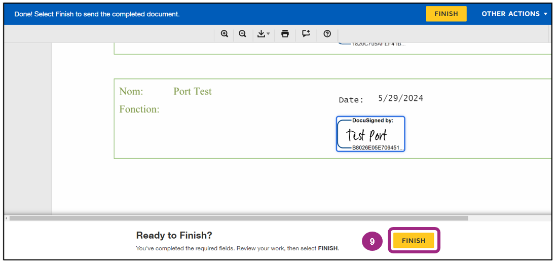 Screenshot of the Finish button in DocuSign. The button is visible in both the top right and bottom right corners of the page. 