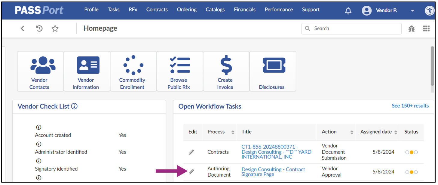 Screenshot of the Open Workflow Tasks section of the PASSPort Homepage. 