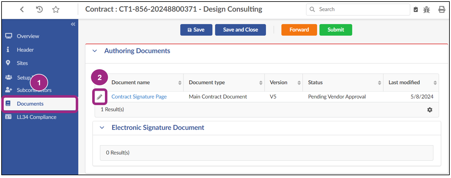 Screenshot of the Authoring Documents section within the Contract's Documents tab. A document is listed in Pending Vendor Approval status. 