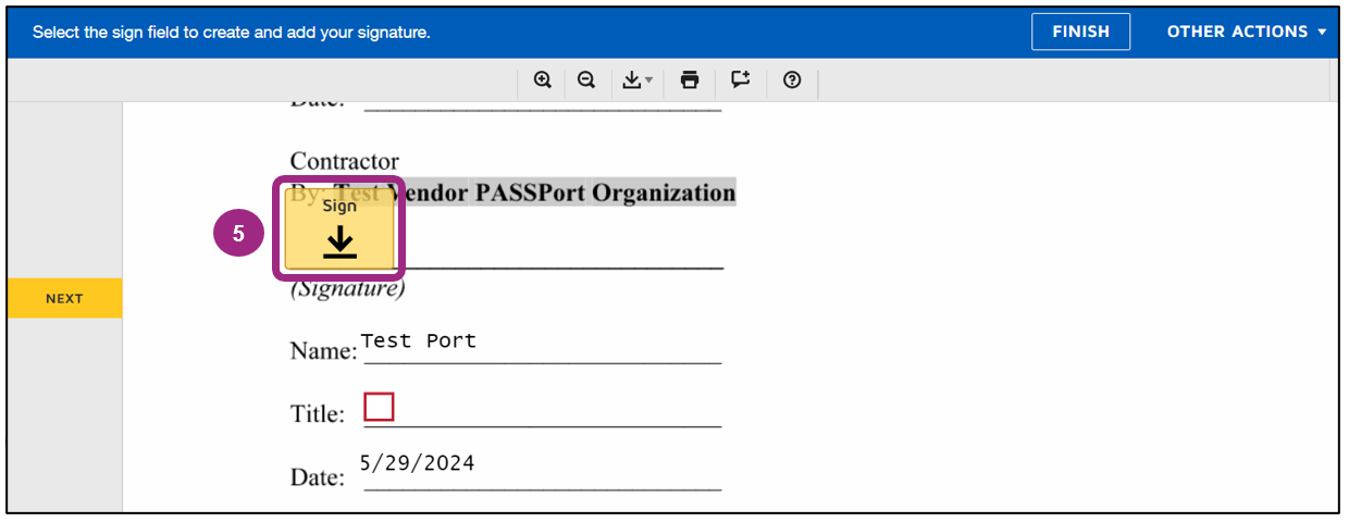 Screenshot of the Sign button within the Signature section of the Contract Signature Page. 