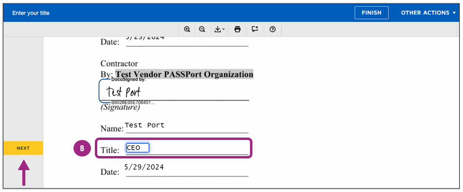 Screenshot of the Title field on the Contract Signature Page. 