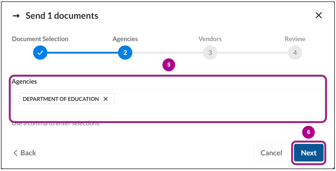 Screenshot of the Agencies screen in the Send documents pop-up window. Department of Education is selected within the Agencies field. 