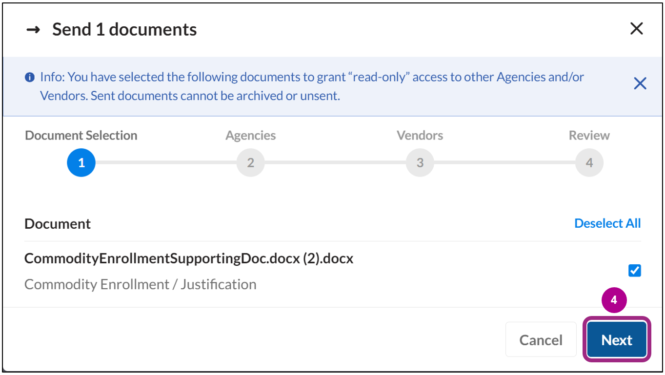 Screenshot of the Document Selection screen in the Send documents pop-up window