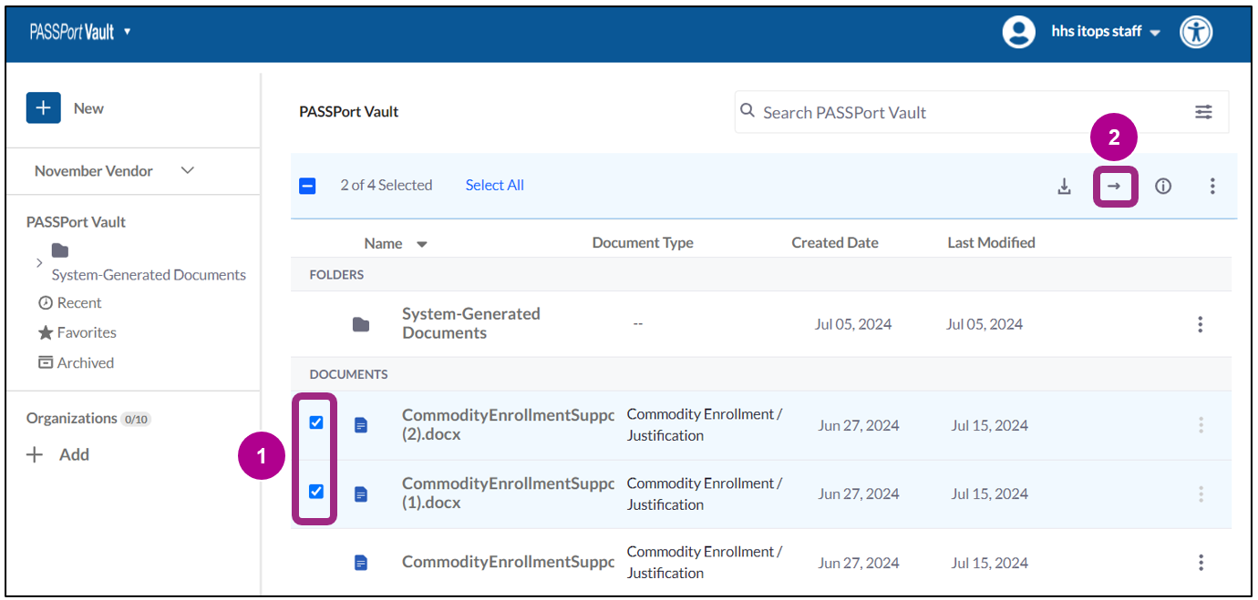 Screenshot of the Documents table. 2 of 4 documents are selected and the send icon is visible at the top of the table. 