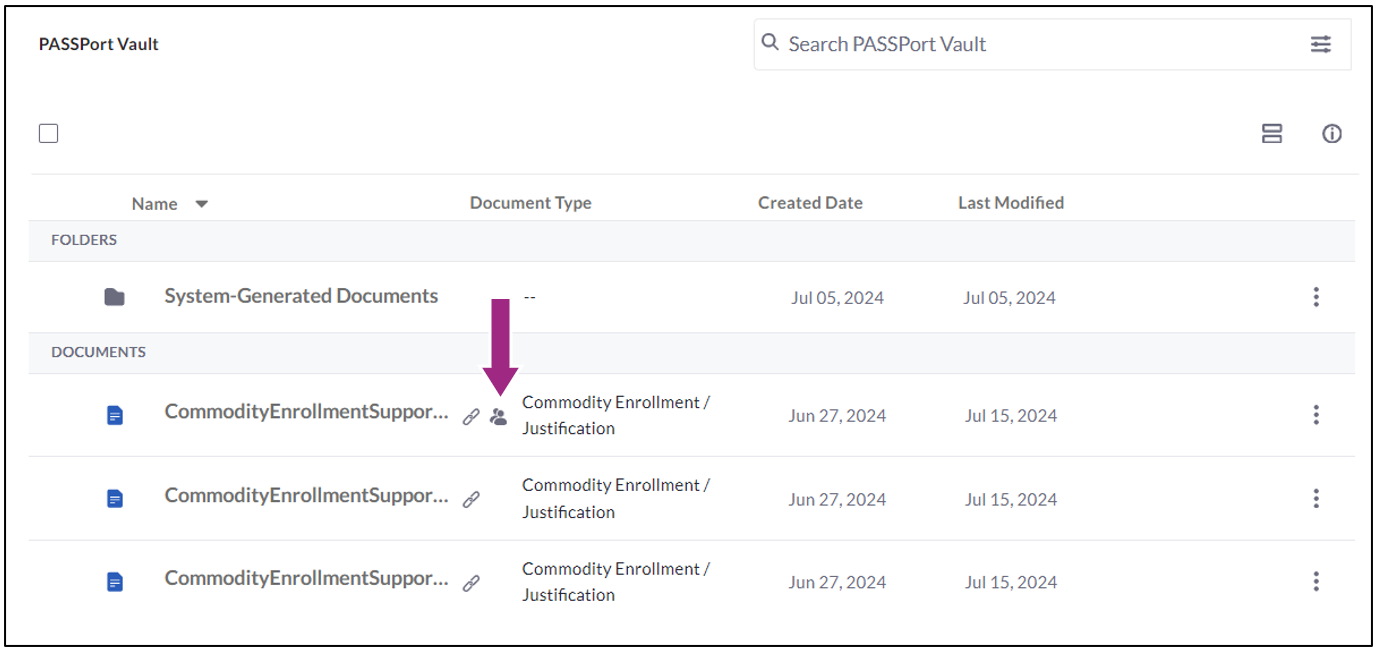 Screenshot of the Documents table. One of 3 documents displays with the sent icon. 