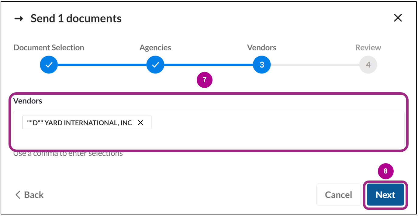 Screenshot of the Vendors screen in the Send documents pop-up window. D Yard International, Inc is selected within the Vendors field. 