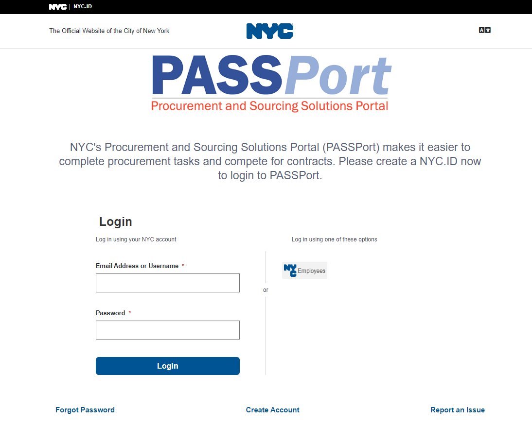 Screenshot of page to login using NYC.ID email address and password.