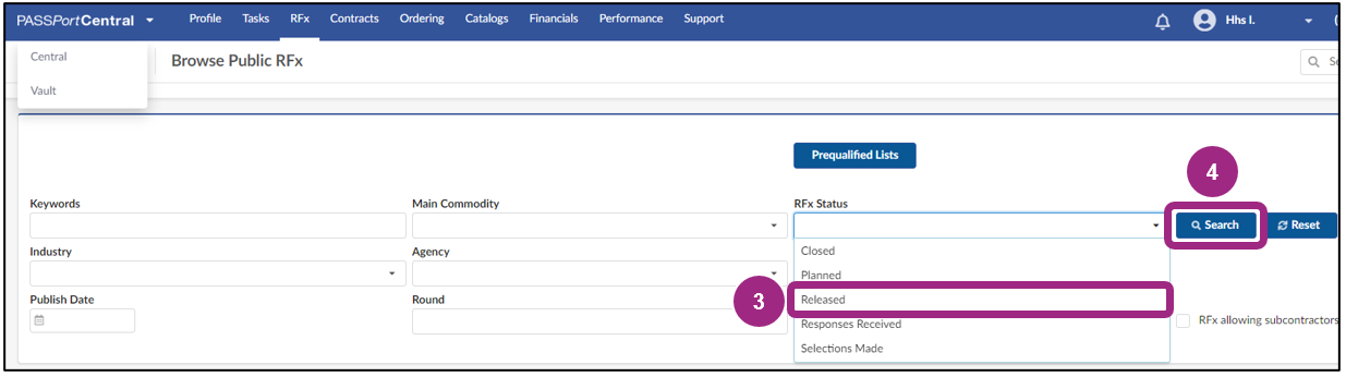 The Browse Public RFx search displays.