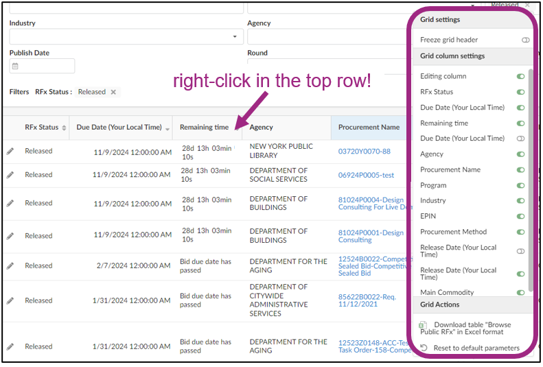 The Browse Public RFx search results grid settings window displays.