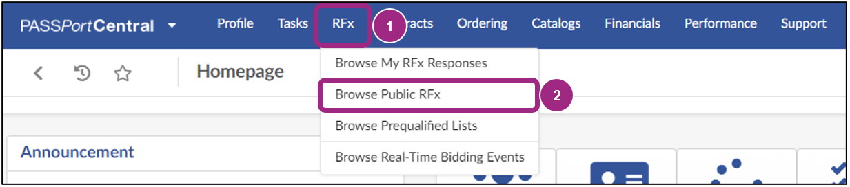 The PASSPort homepage displays the RFx tab and its drop-down menu.