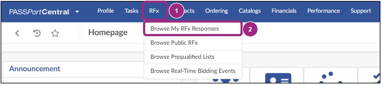 The PASSPort homepage displays the RFx tab and its drop-down menu.