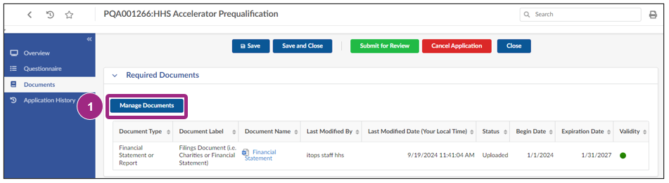 The Manage Documents in the Required Documents section of the HHS PQL Application. 