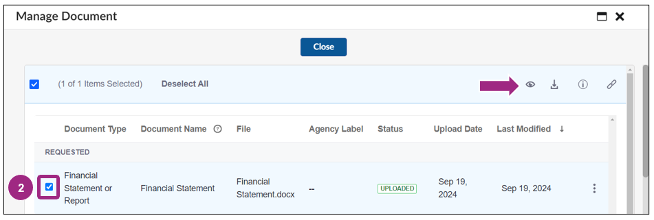 The Manage Documents window. A previously linked document appears in a table on this page. 