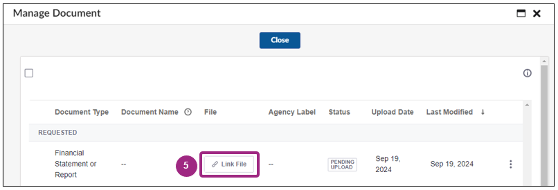 The Manage Document window showing no documents are currently uploaded. 