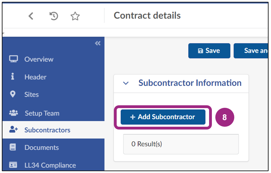 The Add Subcontractor button within the Subcontractor Information section. 