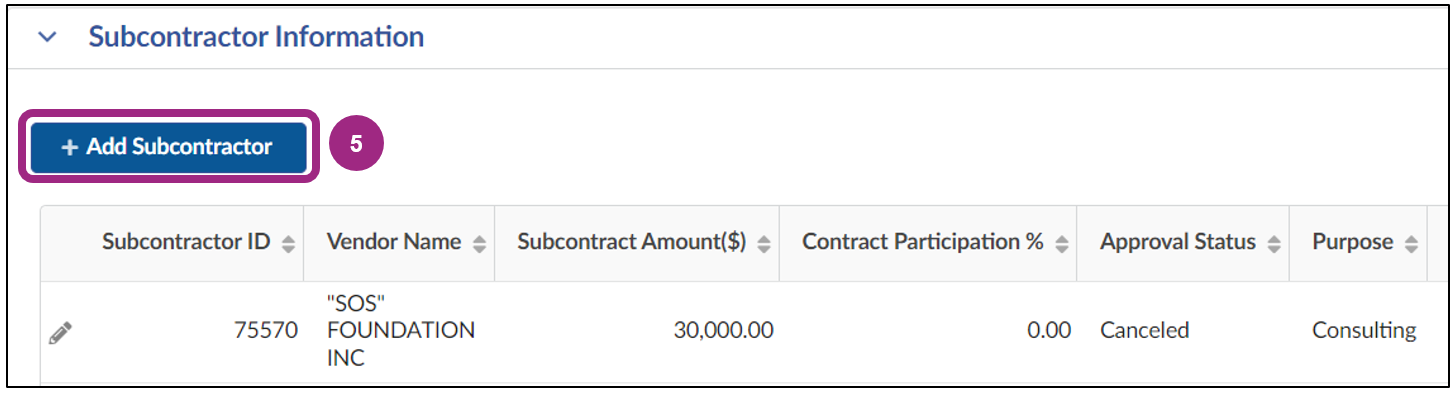 The Add Subcontractor button in the Subcontractor Information section.