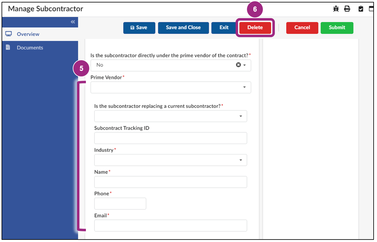 The Manage Subcontractor window. 