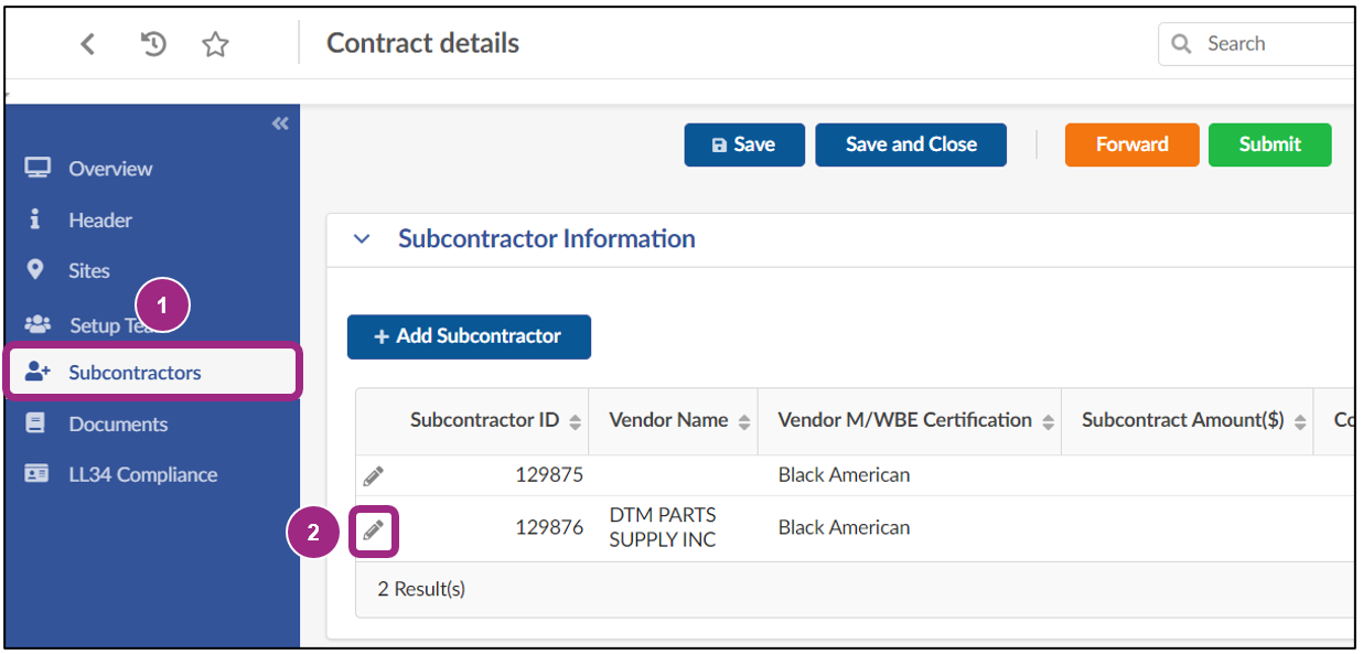 The Subcontractors tab. Two subcontractors are visible in the Subcontractor Information table. 