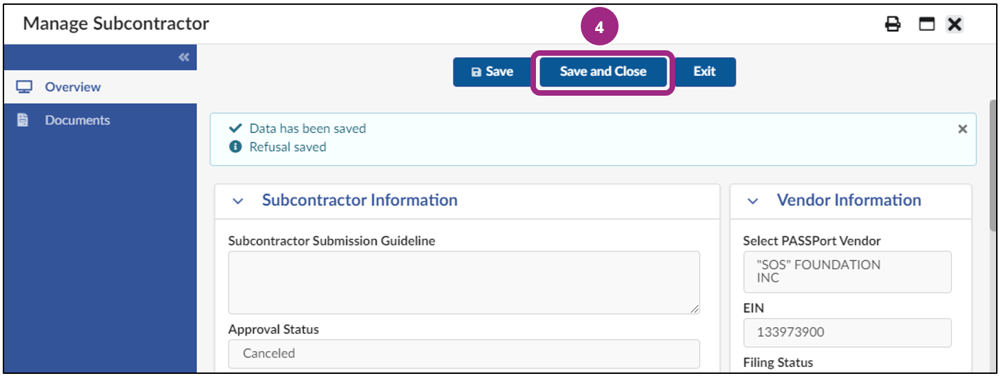 The Save and Close button at the top of the Manage Subcontractor window. 