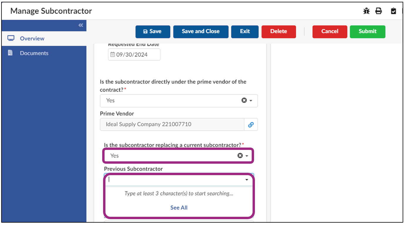 The Manage Subcontractor window. 'Yes' is selected in the Is the subcontractor replacing a current subcontractor? field, and the Previous Subcontractor field is now visible.