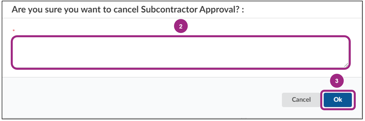 The 'Are you sure you want to cancel subcontractor approval?'' pop-up window. 