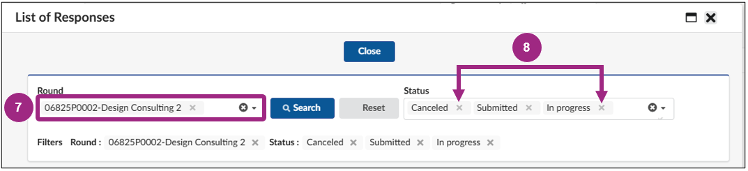 The List of Responses status filter options.