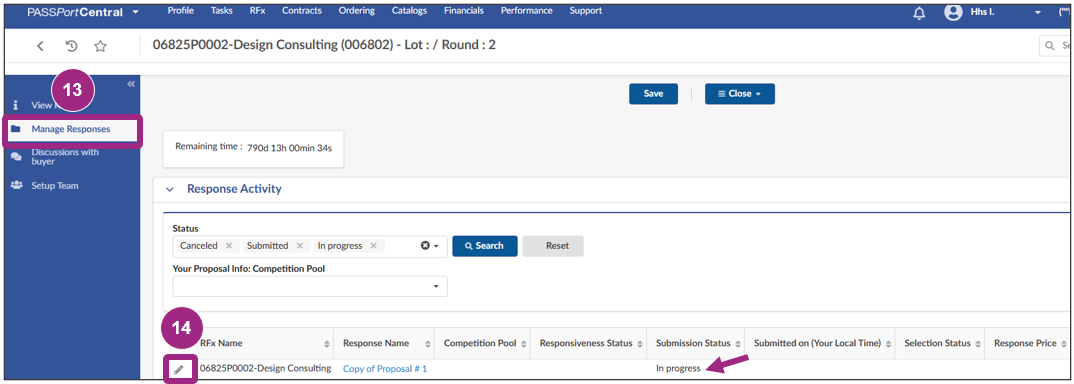 The Response Activity section of the Manage Responses page with the pencil icon highlighted.