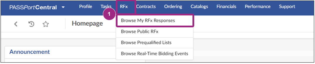 The PASSPort Central homepage showing the RFx drop-down menu.