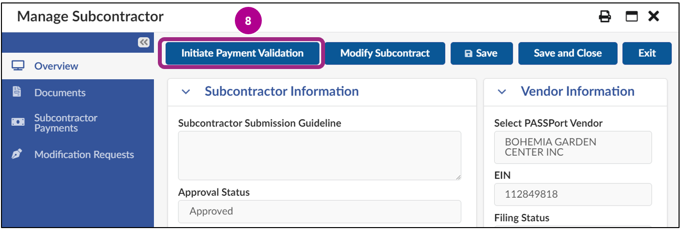 The Initate Payment Validation button at the top of the Manage Subcontractor screen.