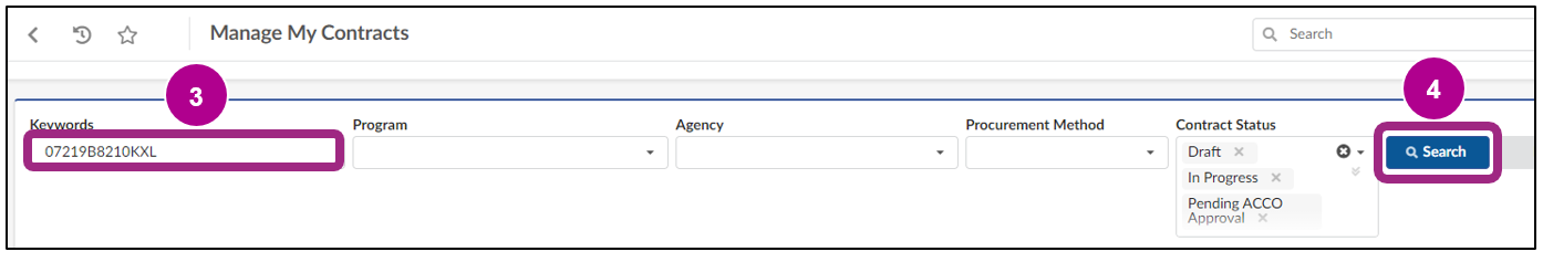 The Manage My Contracts page. A contract ID has been entered into the Keywords field.  