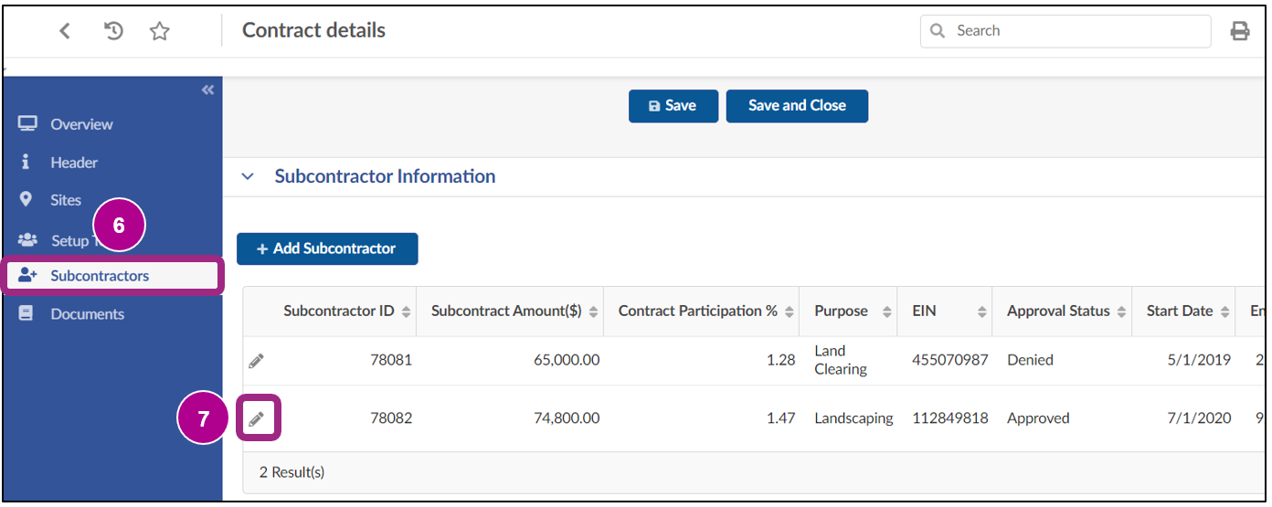 The Subcontractors tab. Two subcontractors are listed in the Subcontractor Information table.