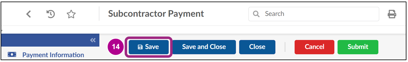 The Save button at the top of the Subcontractor Payment screen.