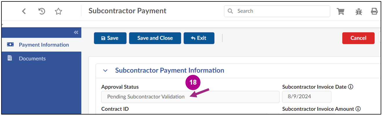 The Subcontractor Payment Approval Status displays Pending Subcontractor Validation. 