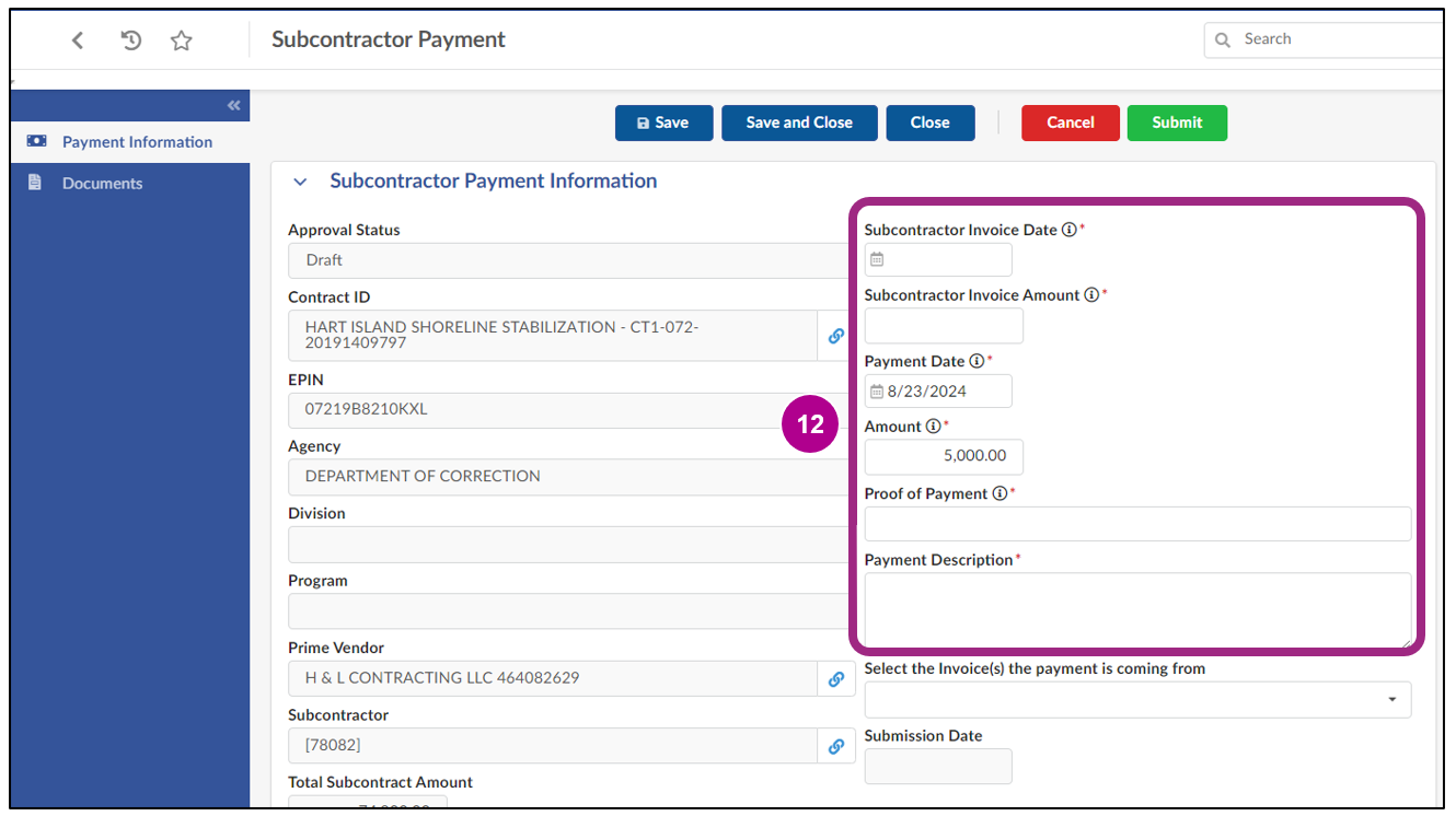 The Subcontractor Payment Information section of the Subcontractor Payment screen. 