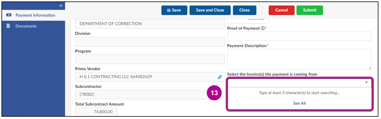 The 'Select the Invoice(s) the payment is coming from' field. 