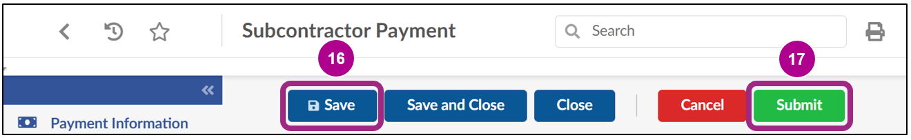 The Save and Submit buttons at the top of the Subcontractor Payment screen.