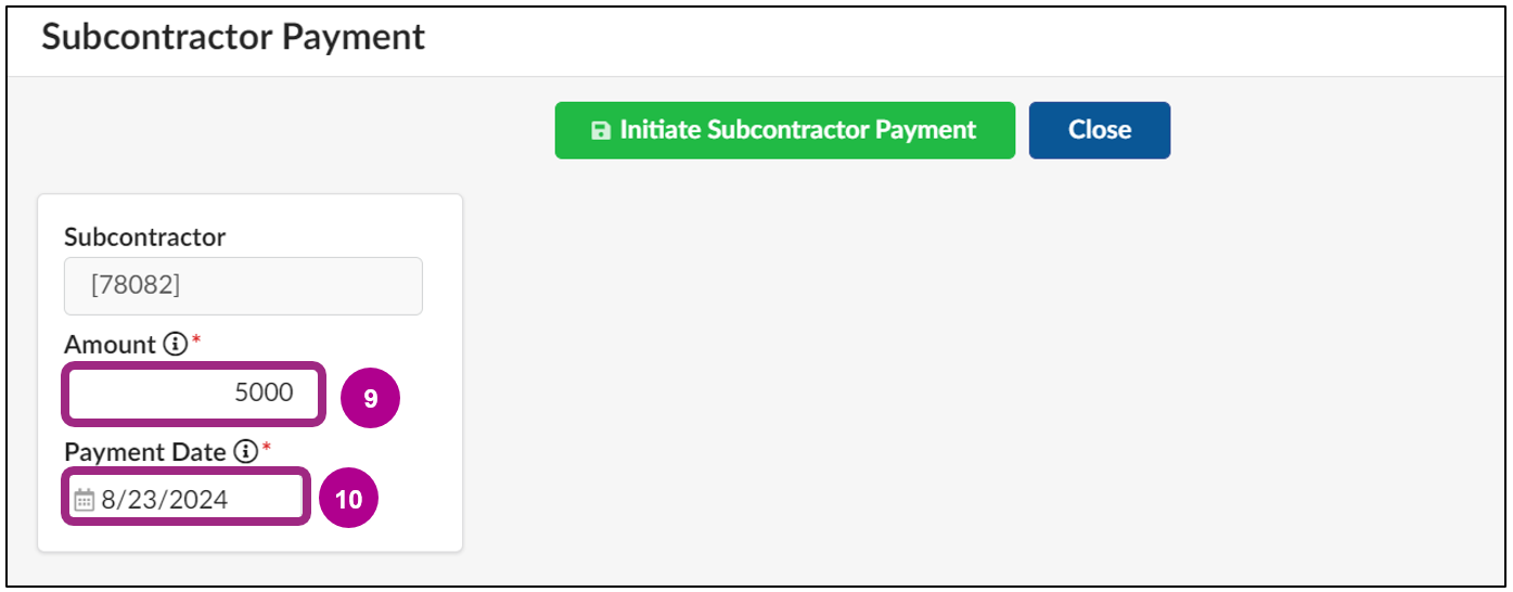 The Subcontractor Payment window. 