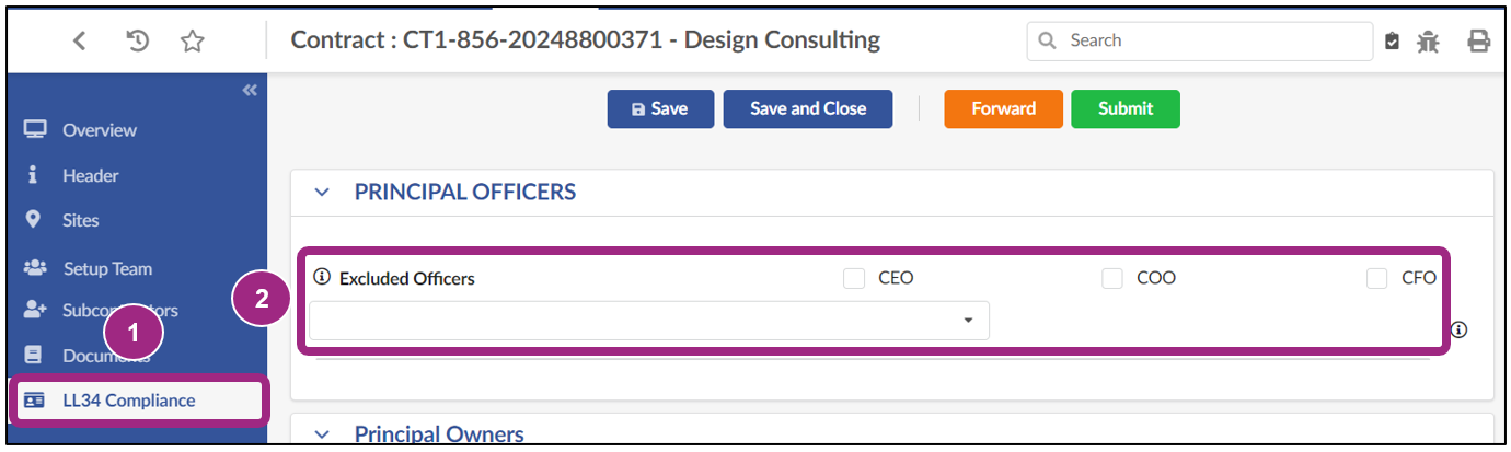 Screenshot of the Principal Officers section within the LL34 Compliance tab. 