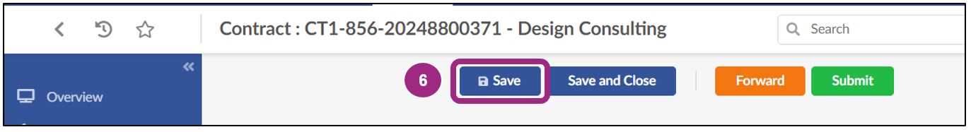 Screenshot of the Save button at the top of the contract page. 