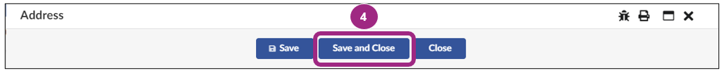 Screenshot of the Save and Close button within the Address pop-up window. 