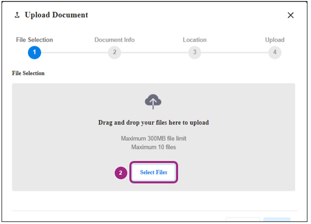 The Upload Document window showing the Select Files button. 