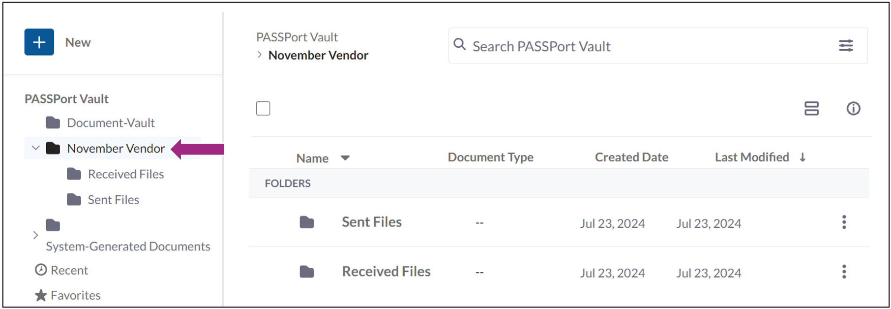 A folder labeled 'November Vendor' is visible in the Vault left navigation pane. 